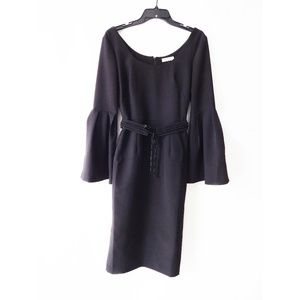 Black Scoop Neck Flute Sleeve Midi Sheath Dress